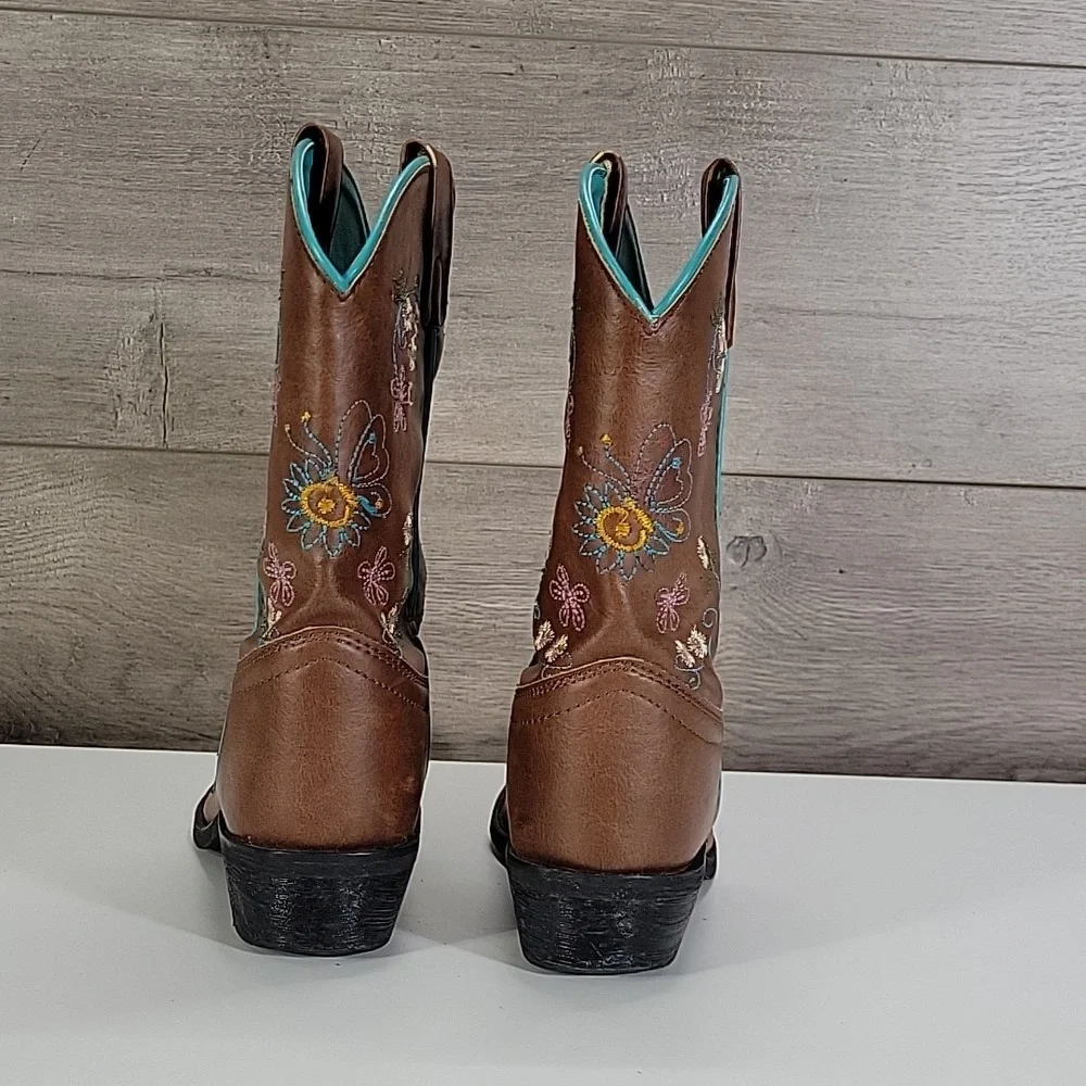 Girls Shyanne Brown Embroidered Floral Leather Western Boots Sz 3